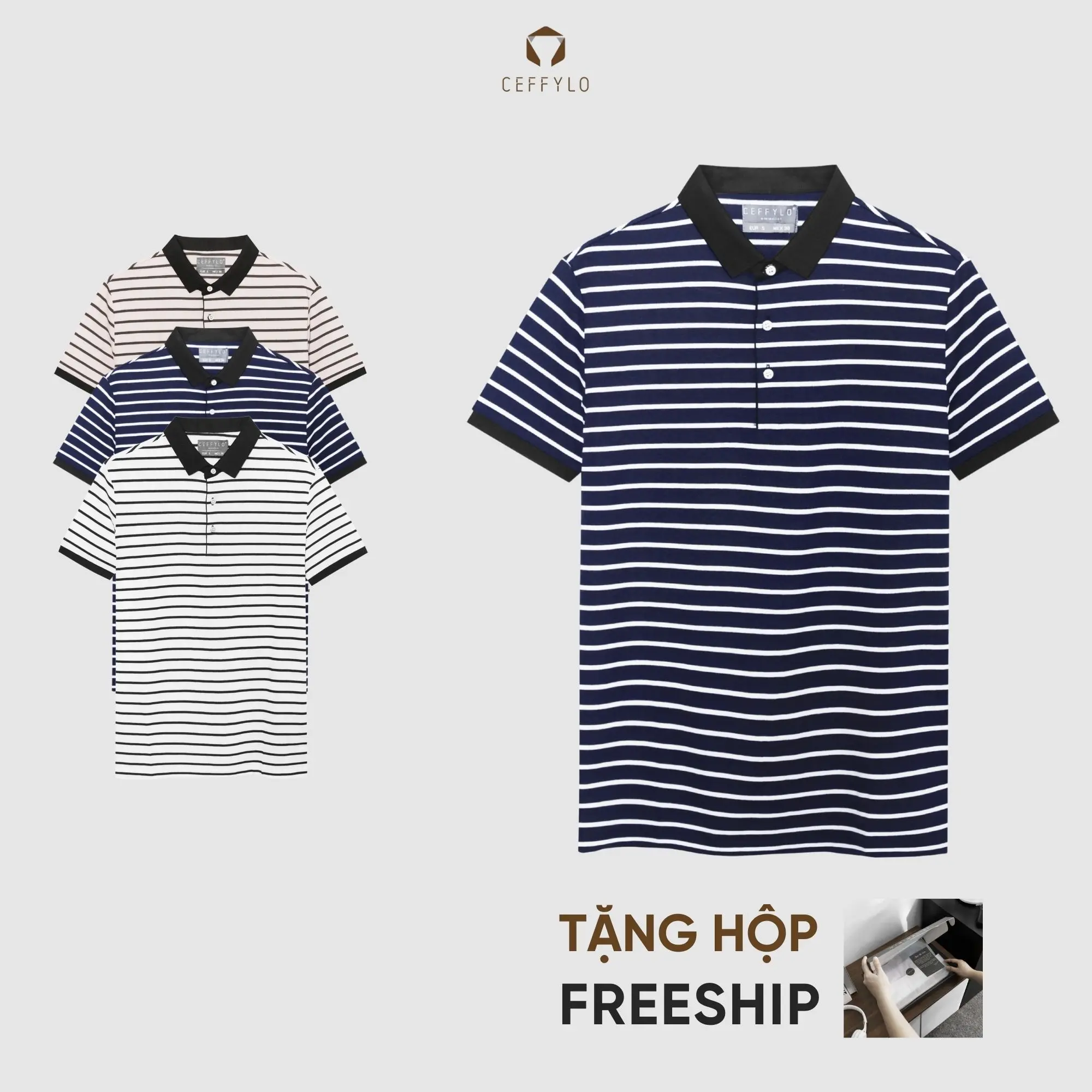Áo Polo Nam CEFFYLO Kẻ Họa Tiết, Vải Cotton Thoáng Mát, Dáng Slimfit Sang Trọng, Trẻ Trung