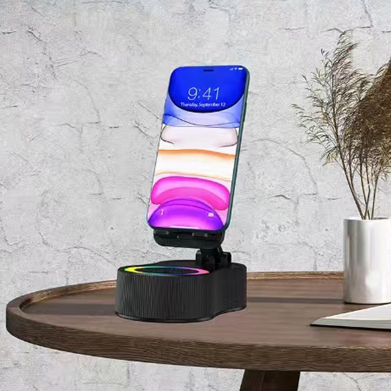 Wireless Charging Speaker Phone Holder, 360-Degree Rotatable Phone Stand with Colorful Atmosphere Light, Portable Phone Accessories for Home Office 4