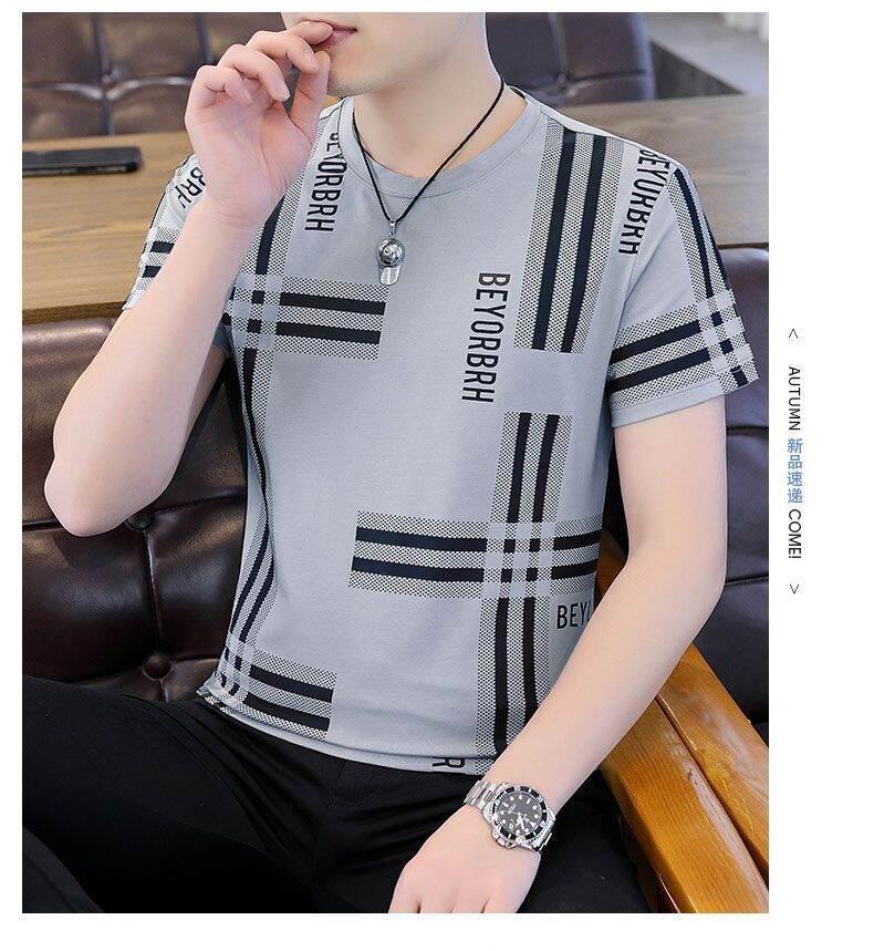 Product Introduction of High-End Ice Silk Short Sleeve T-Shirt Men's Slim Fit round Neck Youthful Summer Casual Shirt Thin Fabric Collision Color 15