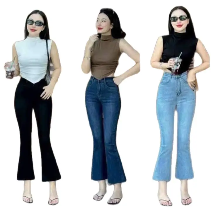 Quần jean nữ  ống loe dáng lửng 9 tấc lai cắt- lưng cao , co giãn -90 cm Women