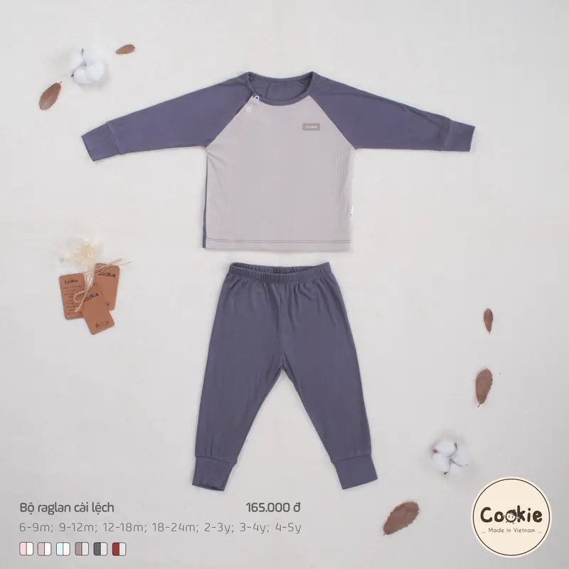 Bộ Quần Áo Dài Tay Cookie Raglan Cài Lệch Cho Bé Size 6-9M Đến 4-5Y, Chất Liệu Cotton Tăm Lạnh 6