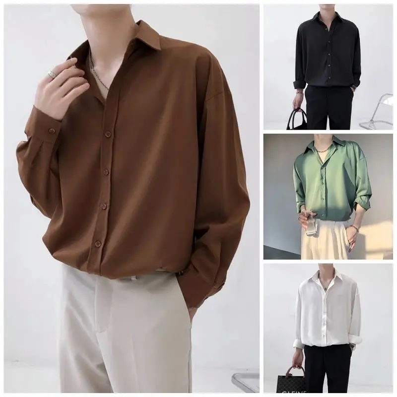 Áo sơ mi có cổ dài tay GIẤU CÚC form rộng lụa chéo chống nhăn unisex Menswear