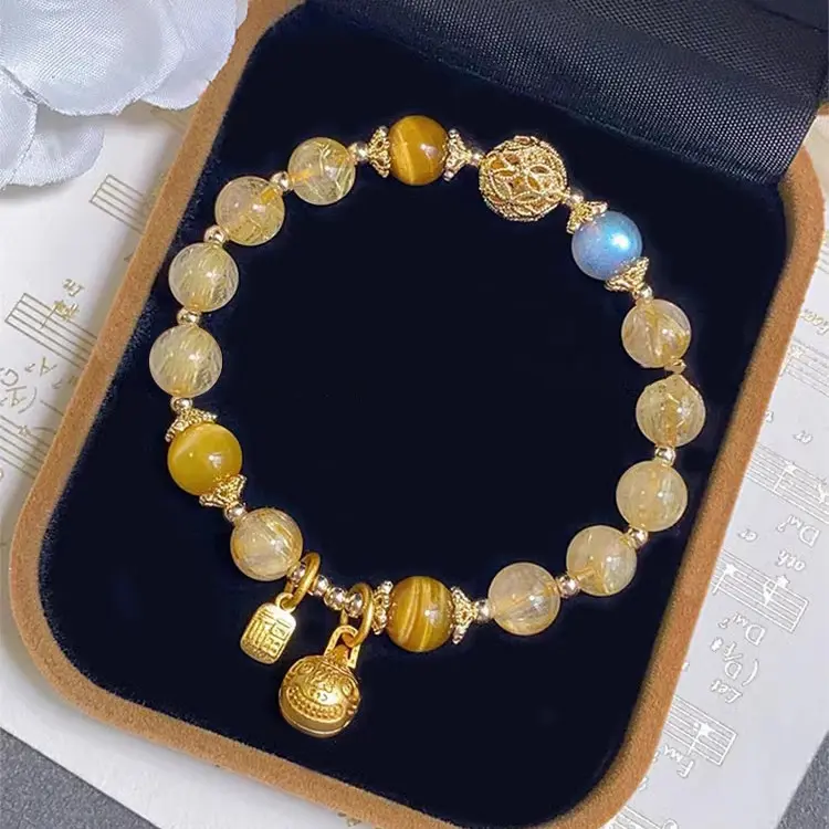 Natural Gold Rutilated Quartz Crystal Moonstone Bracelet Swallowing Gold Beast Rutile Yellow Hair Crystal Bracelet Fortune Stone Gifts for Girlfriend