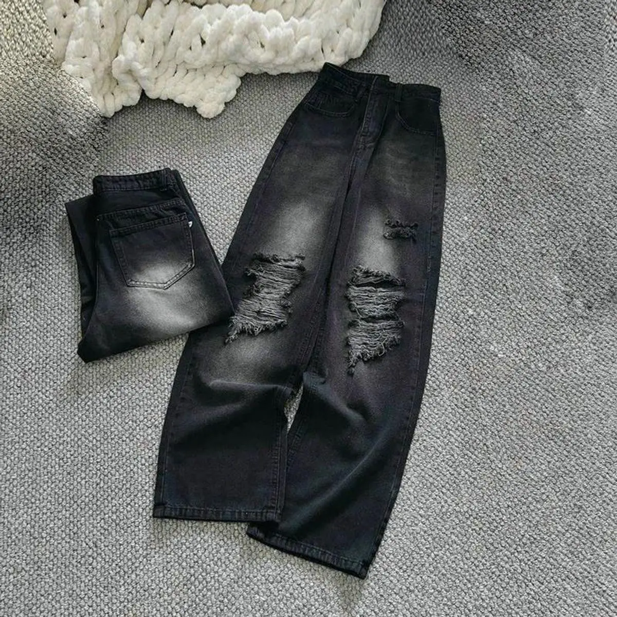 Quần jean nữ ống rộng rách gối cơ bản Basic dễ mặc - Quần jean đen, size S