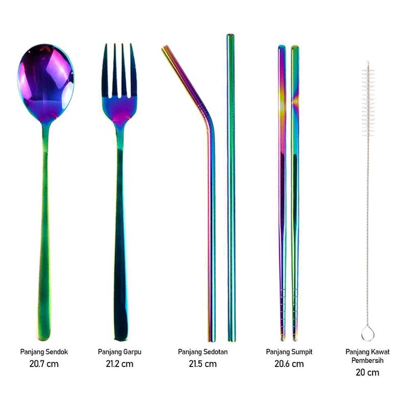 Set Alat Makan Sendok Garpu Sedotan Sumpit Stainless dengan Kantong 6Pcs TaffHOME - T10 Cutlery Unik Estetik Outdoor 8
