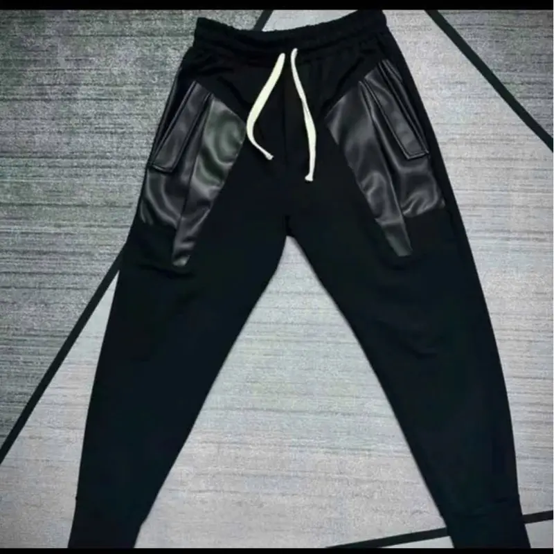 Quần nỉ dài vá da chất vải thun lạnh túi phối da bo chun ống quần dành cho nam nữ fom unisex 2