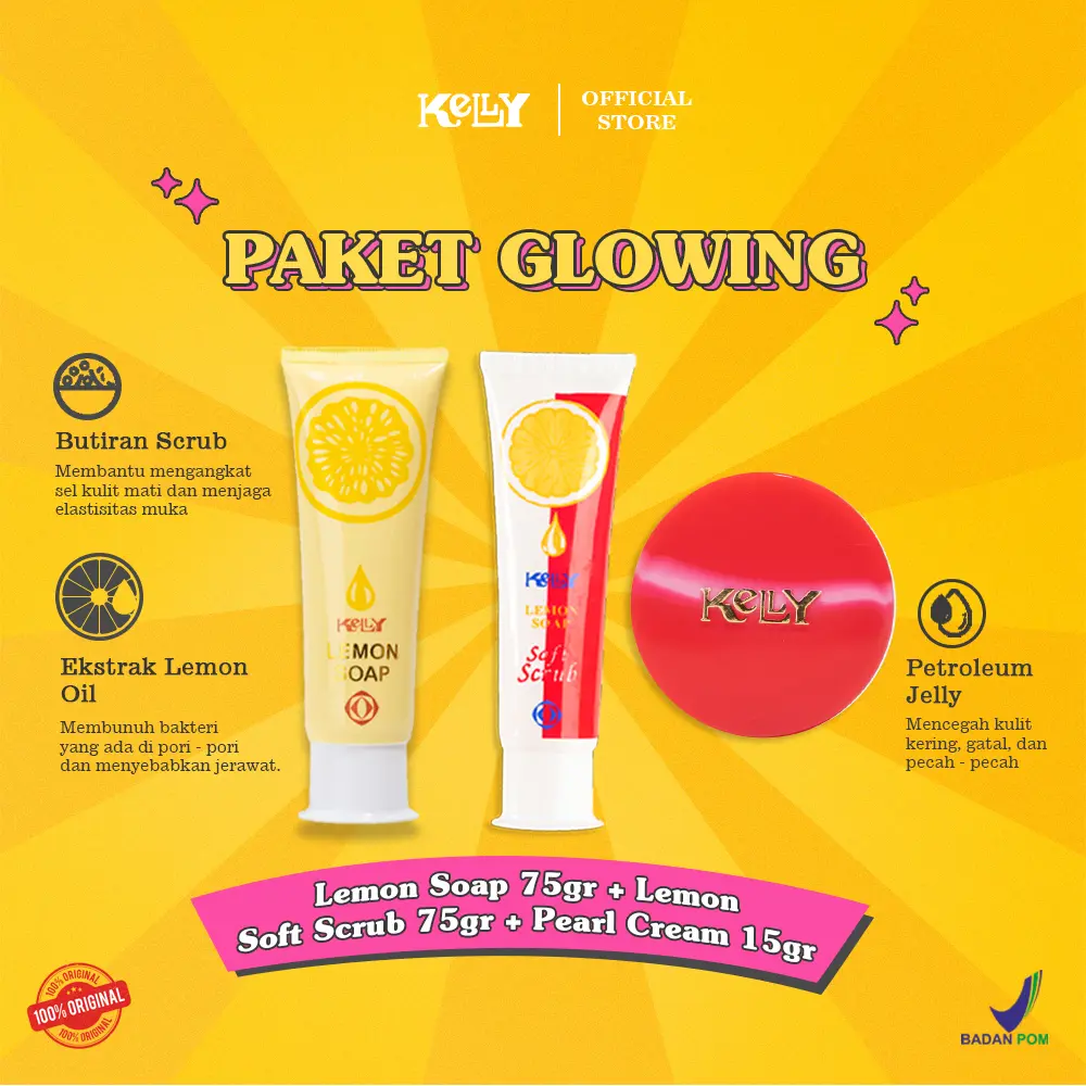 PAKET GLOWING KELLY L. Soap 75gr + L. Scrub 75gr + Pearl Cream 15gr