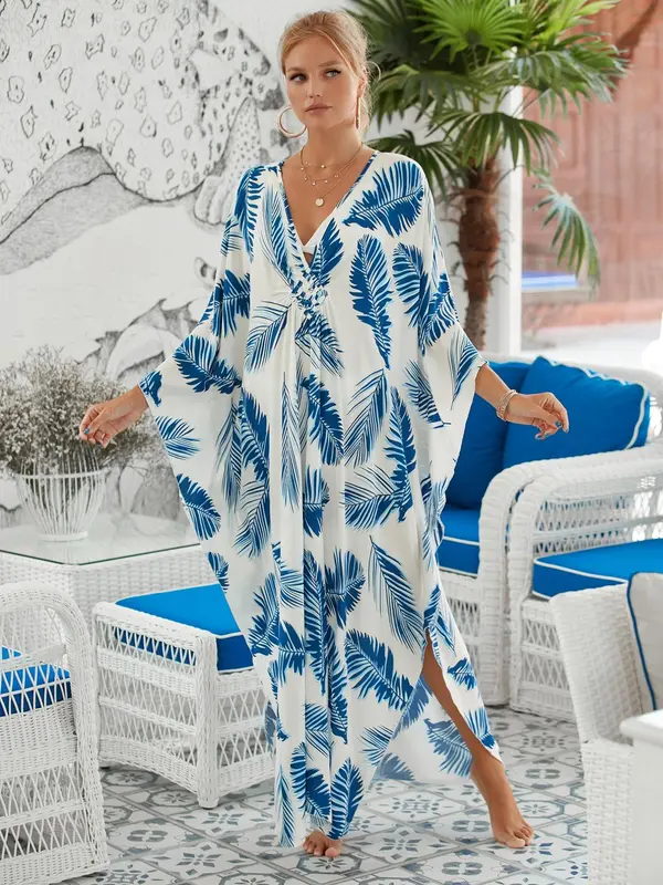 Women's Leaf & Chain Print Batwing Sleeve Split Hem Dress, Summer Outfits 2024, Dress in Club, Dresses for Women, Summer Dresses 2024, Boho Casual Long Sleeve V Neck Dress for Spring & Fall, Women's Clothing for Beach Holiday Vacation 5