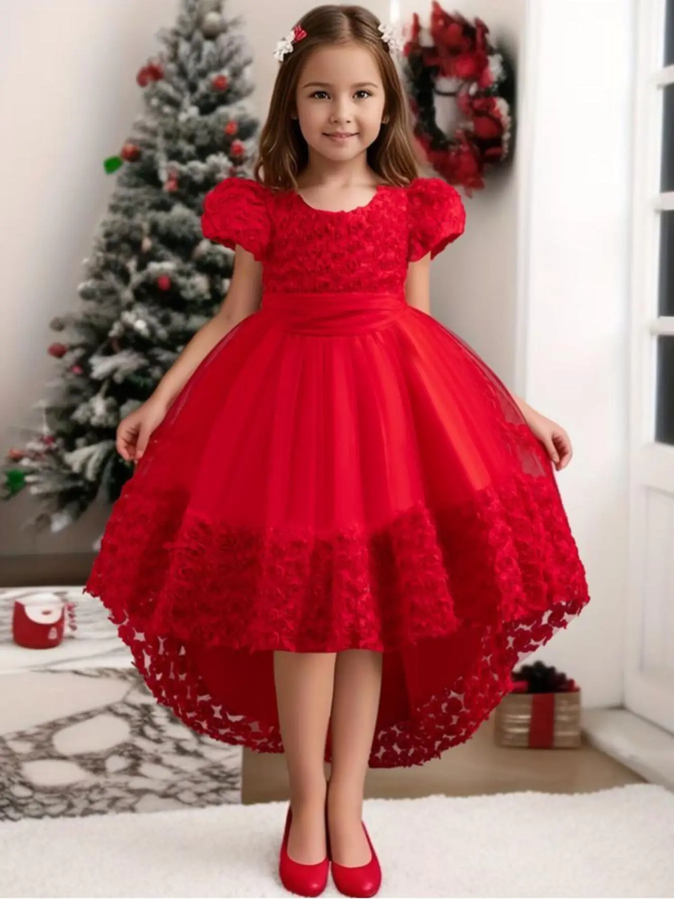 Girl's Floral Appliques Big Bow Decor Contrast Mesh High Low Hem Fit & Flare Dress, Elegant Puff Sleeve Zipper Back Party Dress for Performance Wedding Guest, Kids Clothes for All Seasons
