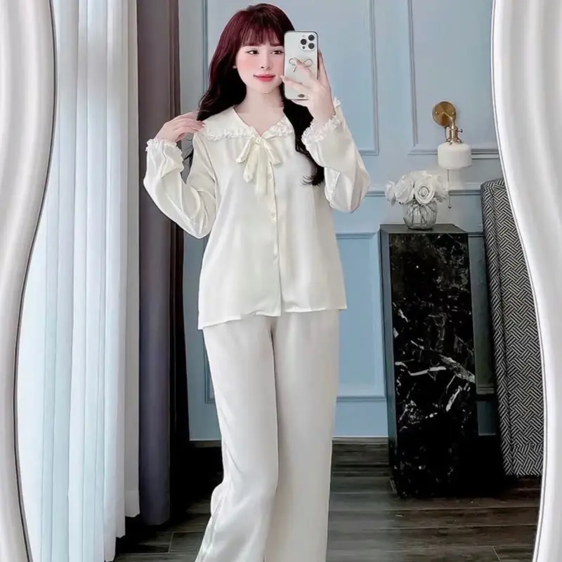 Sét bộ lụa dài, cổ bèo phối ren tiểu thư , tay loe 5