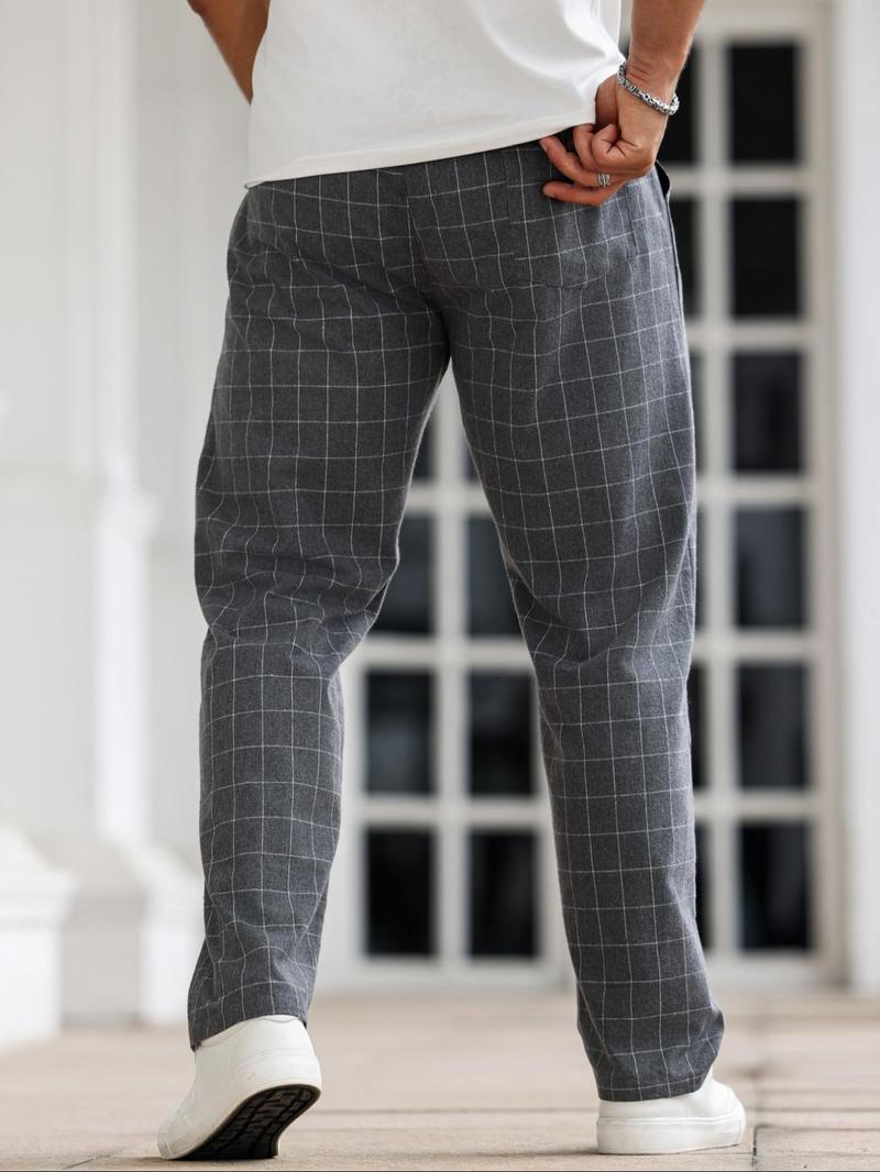 Product Introduction of Men's Plaid Print Drawstring Waist Straight Leg Pants, Regular Fit Casual Comfy Pocket Trousers for Daily Wear, Men's Bottoms for All Seasons 2