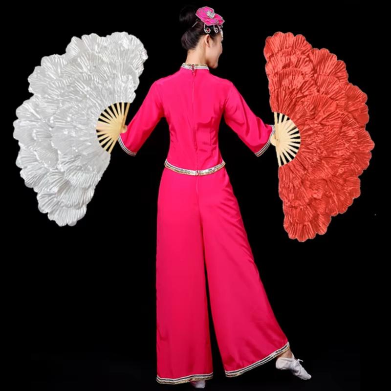 Product Introduction of Portable Chinese Style Peony Petal Dancing Fan Multi-layered Large Size Yangko Performance Fan Bamboo Frame Flower Folding Fan Gift 9