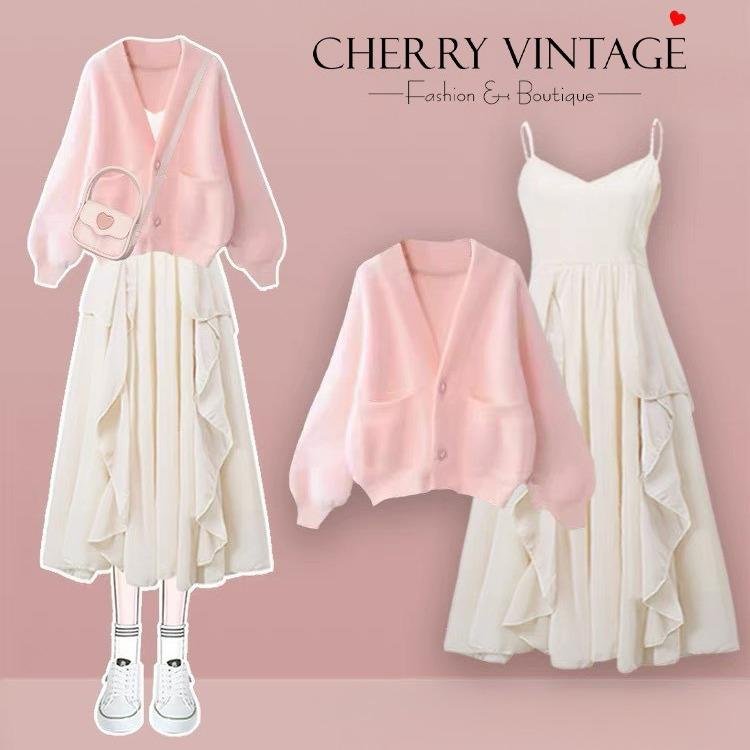 Set áo cardigan len lông thỏ tay bồng cúc vuông chất dày dặn cùng váy hai dây voan tơ bồng bềnh