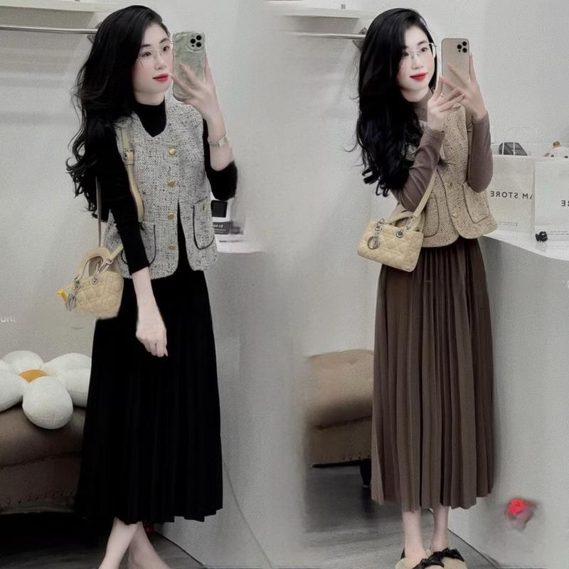 Minnstudio Set Váy Chân Xếp Ly Kèm Áo GiLe Dạ -2 Màu Basic,Trẻ Trung Dễ Mặc Hàng QC -SetD21