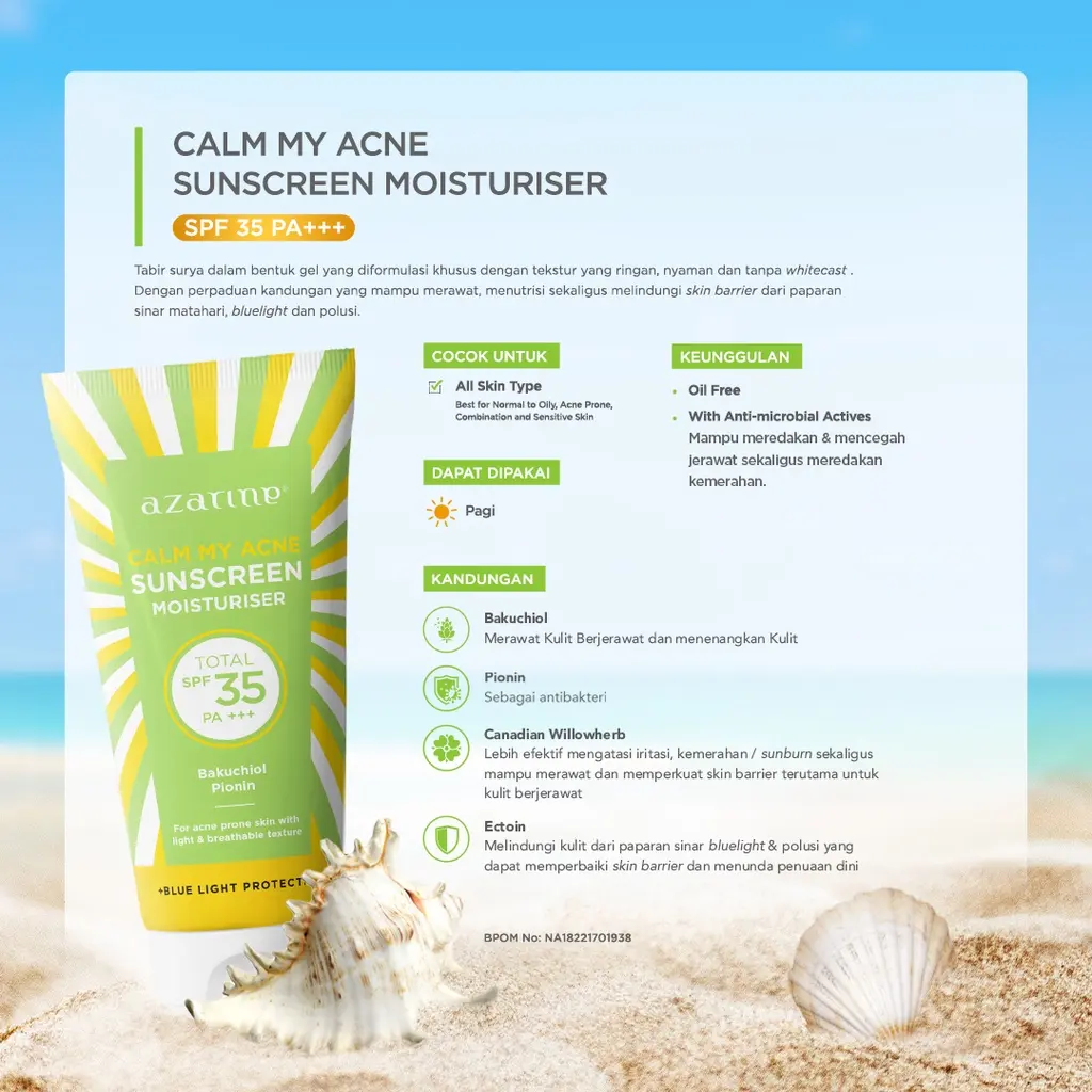 Azarine Sunscreen Moisturiser SPF35 PA+++ 40ml Calm My Acne