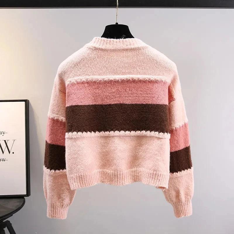 Product Introduction of Multicolor striped lantern sleeve knit loose single breasted women's cardigan sweater coat for women clothing Autumn Winter Knitwear Womenswear 6