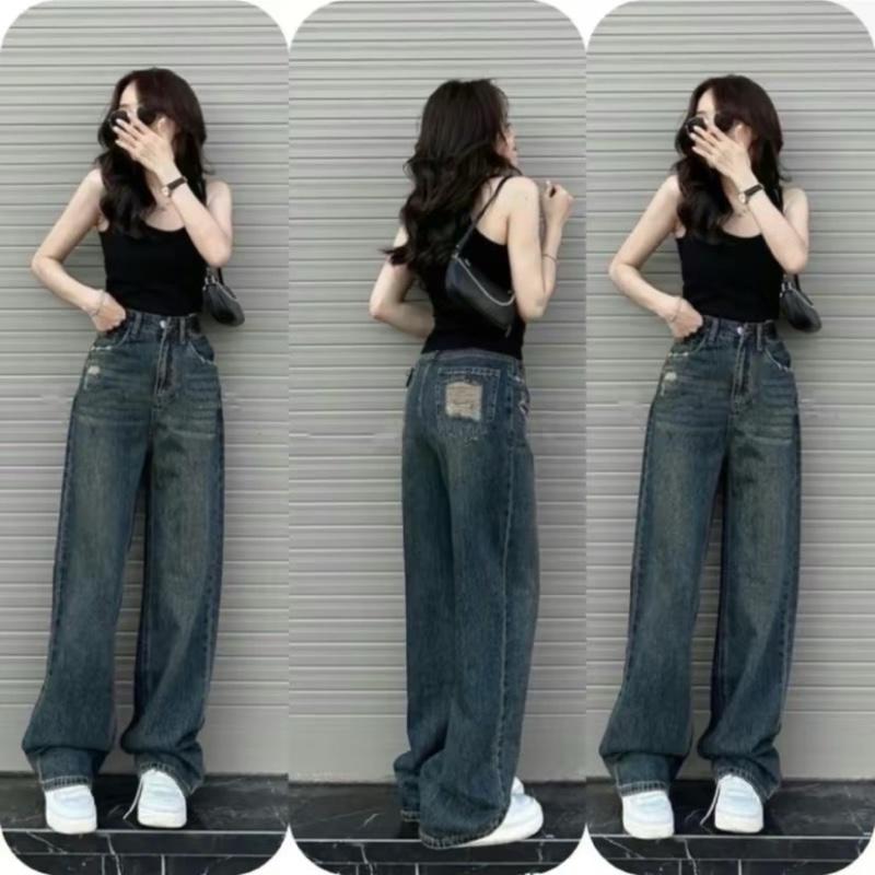 Quần jean suông nữ lưng cao denim không co dãn rách túi sau women pants 0
