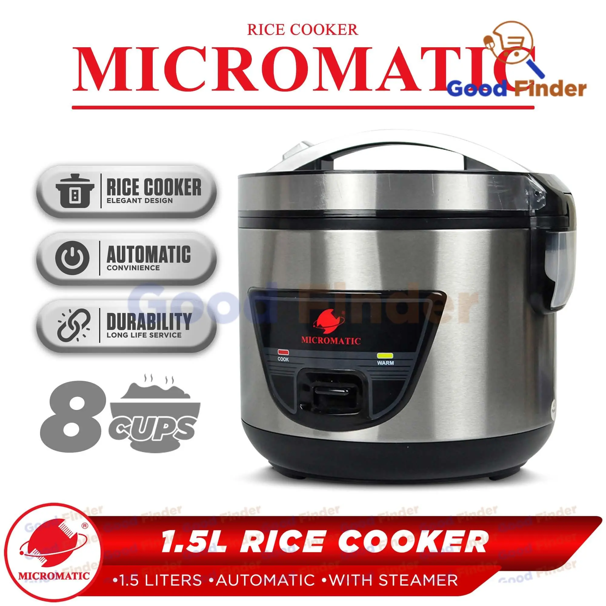 Micromatic Rice Cooker 1.5L Jar Type 6-8 person 500W (with Steamer ...