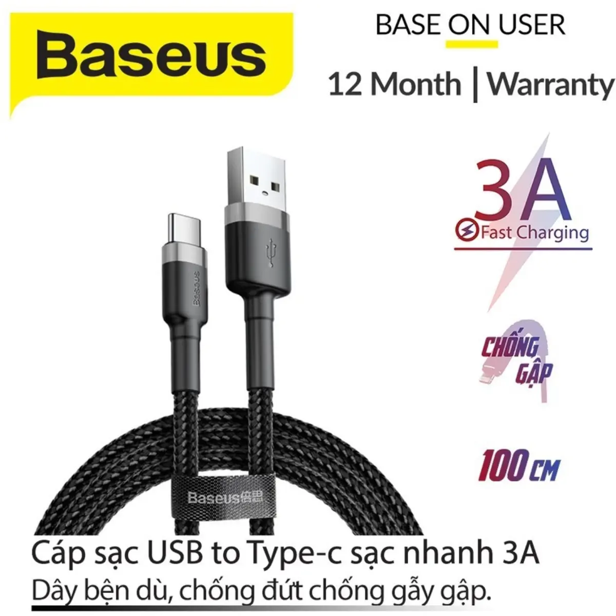 Dây Sạc Nhanh Type C Baseus - Hỗ trợ sạc nhanh - Siêu Bền - An toàn - Chính hãng - Bảo hành 12 tháng Sạc Điện Thoại Phụ Kiện Sạc Điện Thoại Phụ Kiện