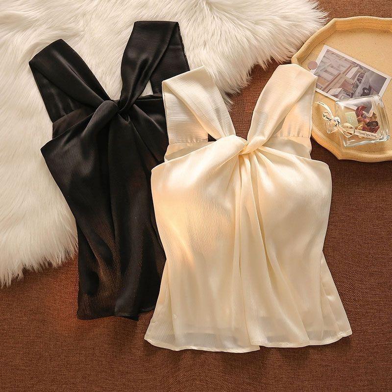 Áo Vest Cổ Yếm Cho Nữ, Phong Cách Mùa Hè, Gợi Cảm, Ngọt Ngào, Cô Gái Nóng Bỏng, Bó Sát Bên Trong, Không Dây, Không Tay, Áo Ngắn 0