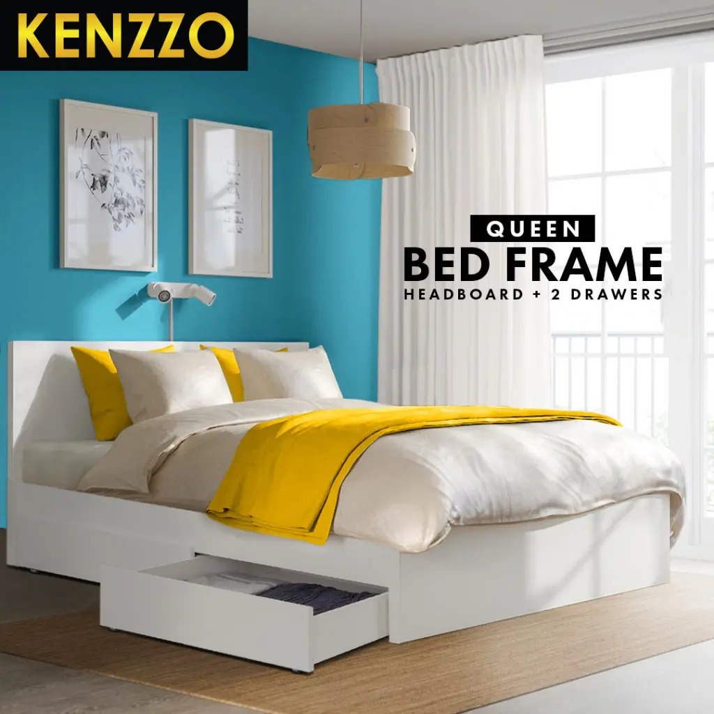 Kenzzo Snow Series Queen Size Wooden Bedframe with Headboard & 2 Drawers - Free Shipping