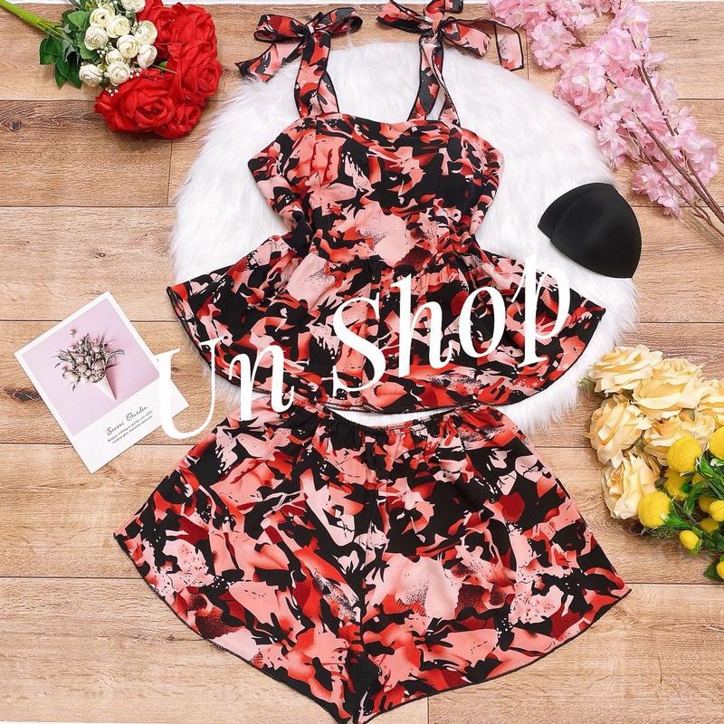 (40kg-75kg) Bộ đùi ngủ lụa thiết kế vai thắt nơ có cúp ngực.  Áo Tim Nho tole  nhà Women Nữ Đỏ Voi Nhung 7