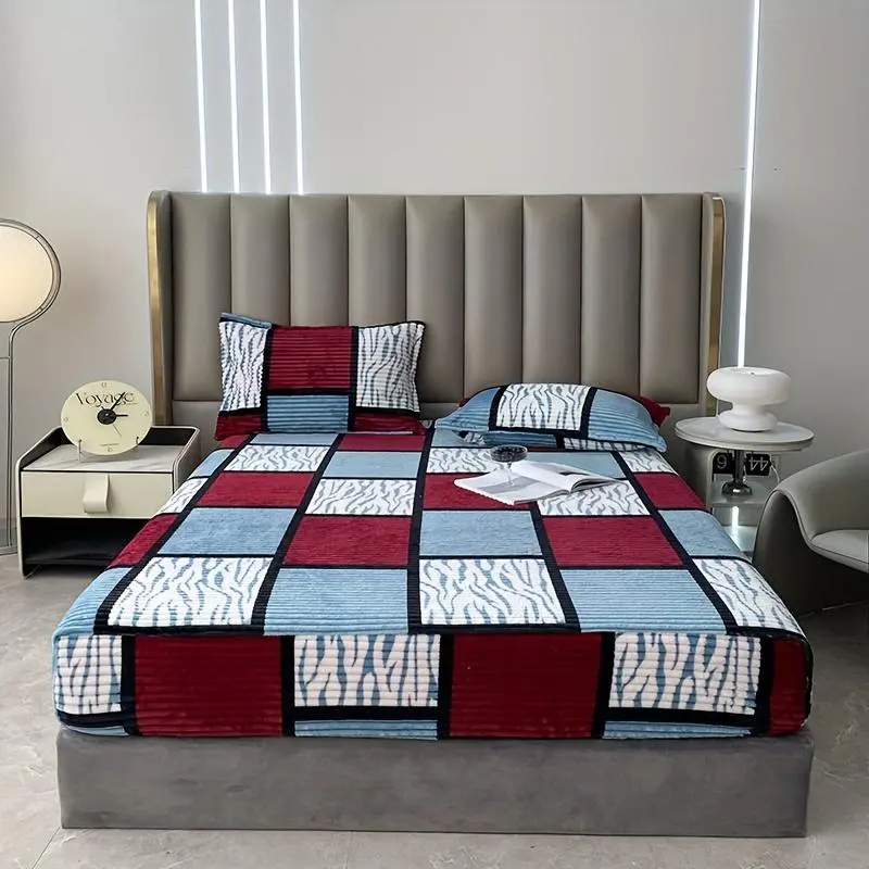 Geometric Pattern Fitted Sheet, 1 Count Soft Comfortable Warm Bedding Sheet, Bedding Supplies for Home Bedroom Hotel, Home Supplies