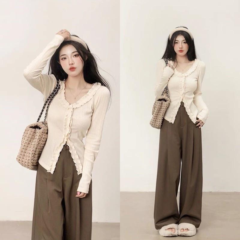 [Ảnh Thật]: Set Áo Len Nâu Be Vạt Eo Kèm Quần Suông Chéo Hàn Đẹp Kèm Ảnh Thật SQ.117