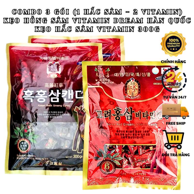 COMBO 3 GÓI Kẹo Sâm Hàn Quốc Mix Một Gói Kẹo Hắc Sâm Vitamin Hàn Quốc 300G Và 2 Gói Kẹo Hồng Sâm Vitamin Dream 200G - Ăn Vặt Snack - Kẹo Ngậm Thơm Miệng