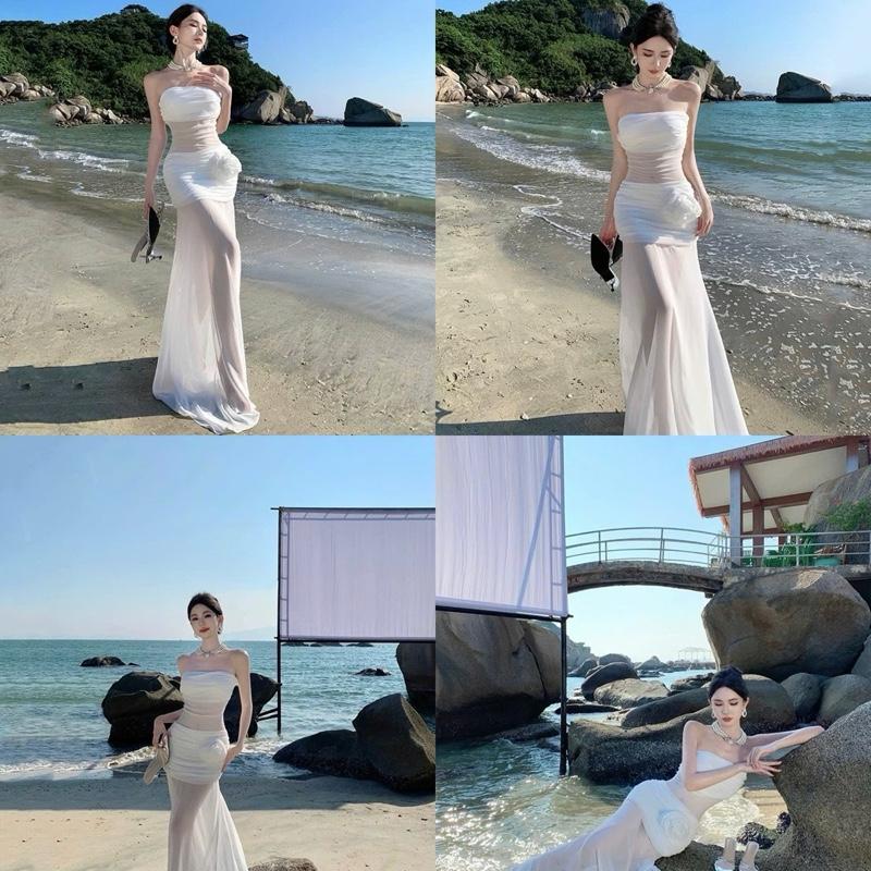 P034 - Đầm nữ dự tiệc sang chảnh váy cúp body dáng dài phối lưới đuôi cá Women Dress kèm bông