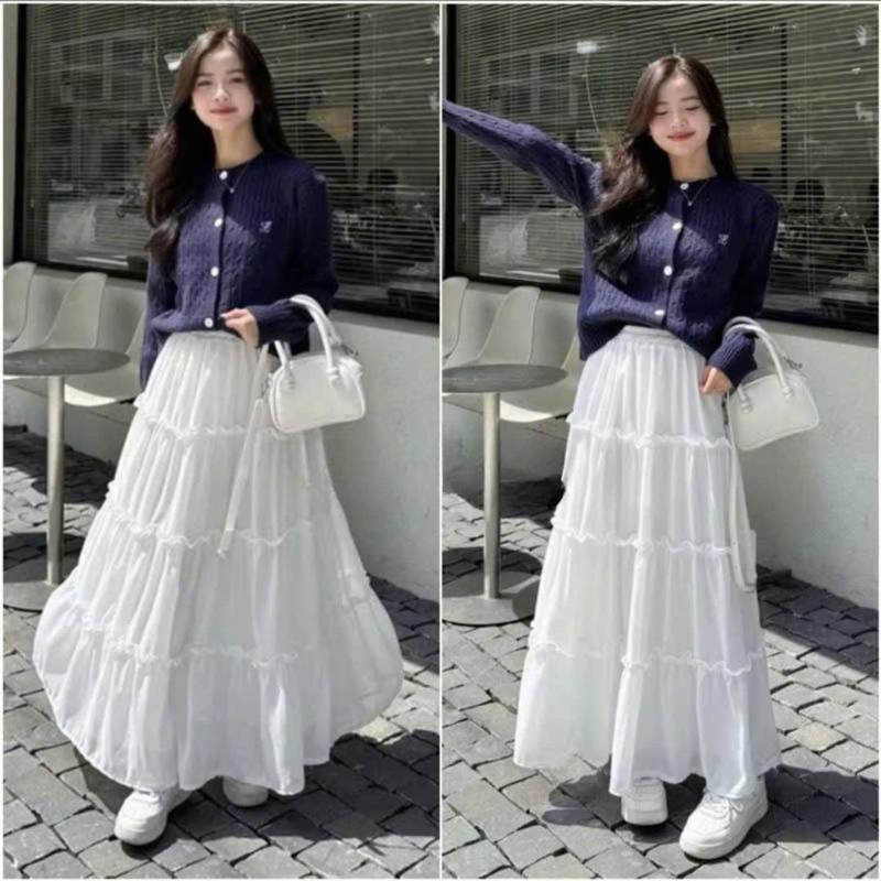 Chân váy dáng xòe 4 tầng chất đũi dày dặn 2 lớp, chân váy tầng dáng dài hai màu đen trắng dễ mix đồ có lót trong Women Nữ Voi Voan