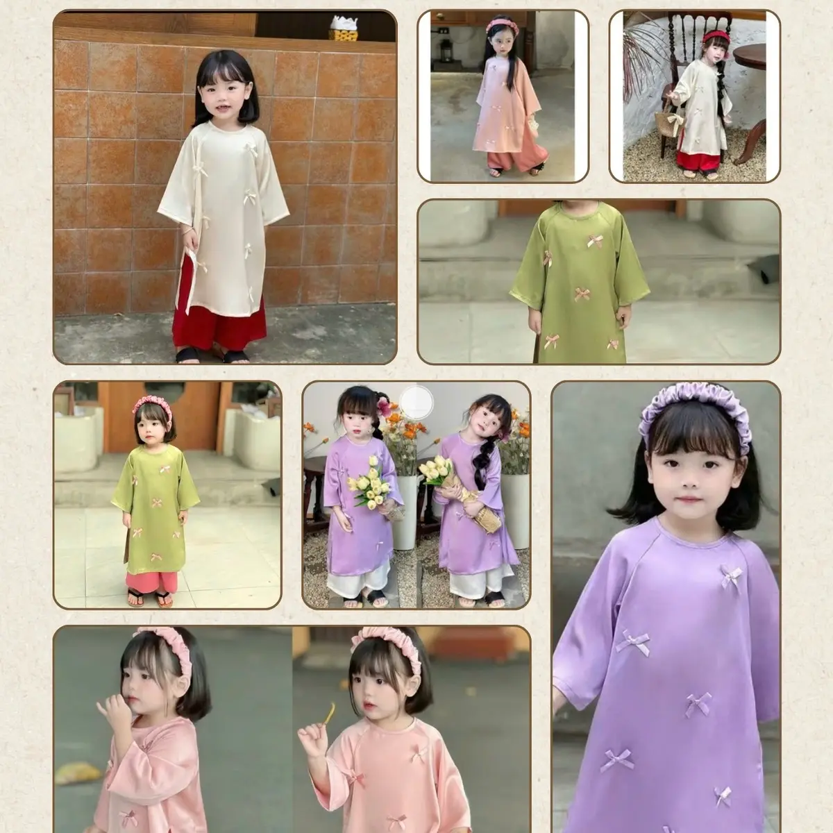 Set áo dài tết 2025 cho bé gái, lụa ngọc trai mềm, đính nơ nhí, tặng bờm, set áo dài cách tân cho mẹ và bé