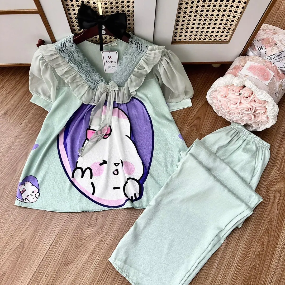 Tay cộc quan dài  lua xước phối  voan Nữ Women
