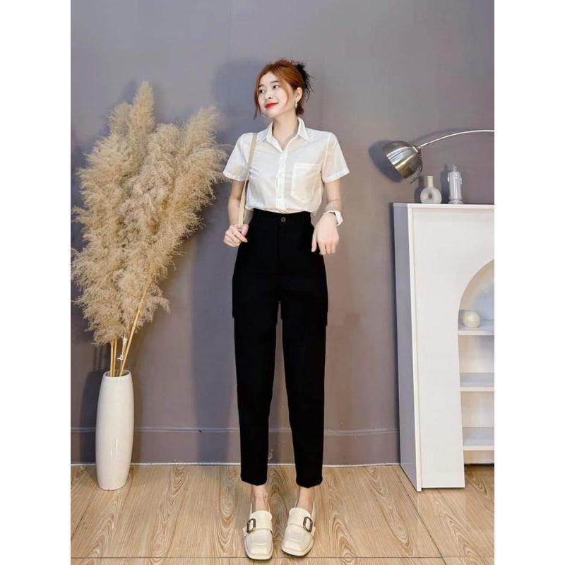 Quần Tây Nữ Lưng Cao Ống Đứng Dáng Dài Có Đai Co Dãn Nhẹ 1 Khuy Chất Vải Mềm Đen Quần Vải Baggy Nữ Cạp Cao Đi Học Sinh Đi Học Ong Pants Women Kem 7