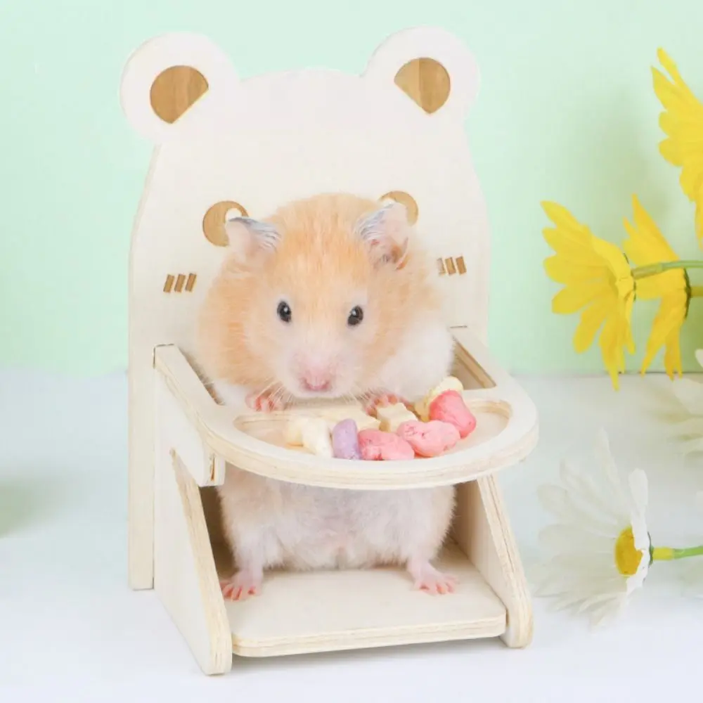 Practical Wooden Hamster Dining Chair Cartoon Handmade Hamster Seat with Tray DIY Pet Mini Feeding Chair for Pet Cage