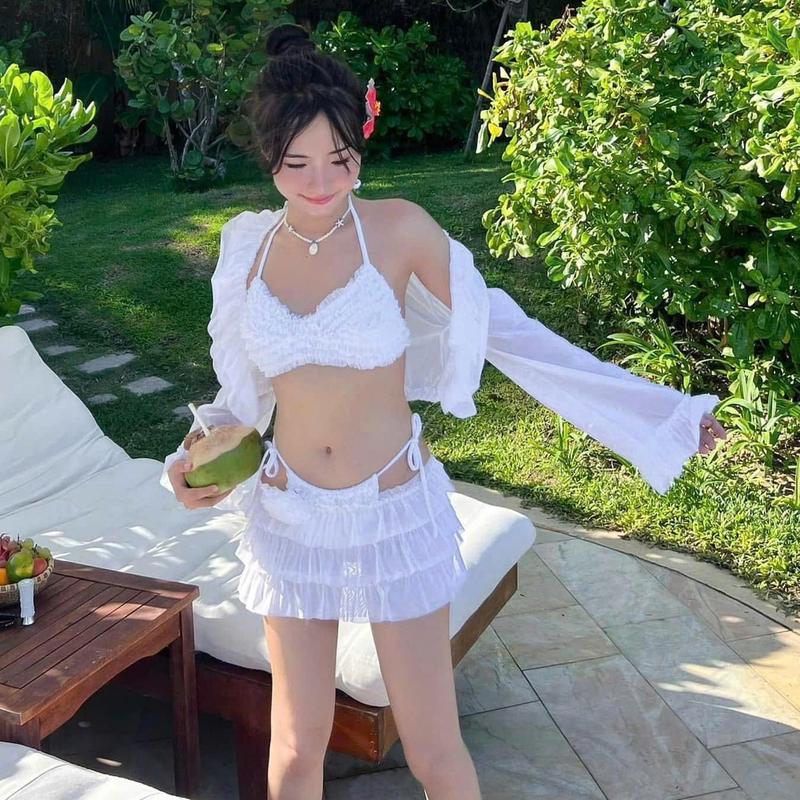 M970 - Set bộ bikini 4 món áo cột dây nơ phối quần short nhún bèo kèm áo khoác tay dài loe
