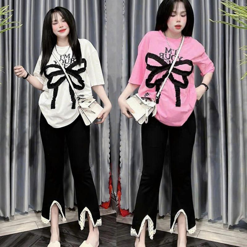 Đồ bộ nữ bigsize quần ống loe 45-85kg chât thun gân tăm ESHOP đồ bộ kiểu set bộ nữ mặc nhà dễ thương phối ren nơ quần loe 9 tấc Top Áo Women