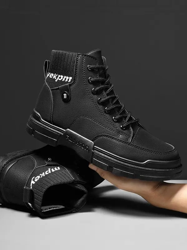 Men's Casual Solid Color Lace up Pu Leather Boots, Fashionable Casual Work Shoes for Daily Wear, Comfortable and Versatile High Top Shoes for Fall & Winter 5
