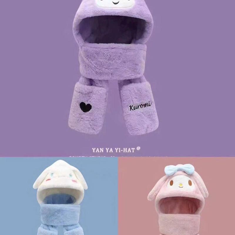 Mũ lông kuromi,melody,cinamorol chùm đầu 3in1 có khăn quàng cổ,găng tay dày dặn mềm mịn cho người lớn và trẻ em Voi 8