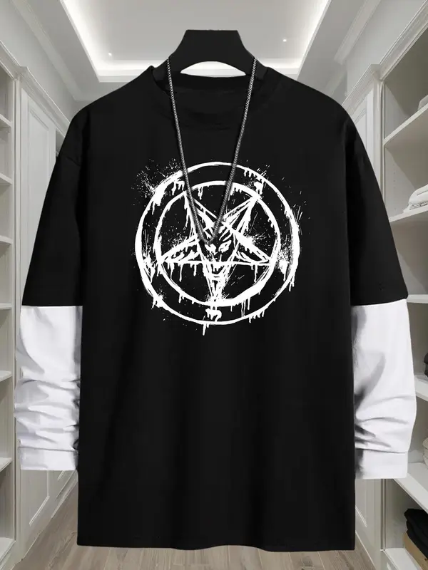 Men's Gothic Style Pentagram Print Long Sleeve Tee, Casual Comfy Loose Fit Crew Neck T-shirt for Daily Wear, Fashion Men's Top for All Seasons 6