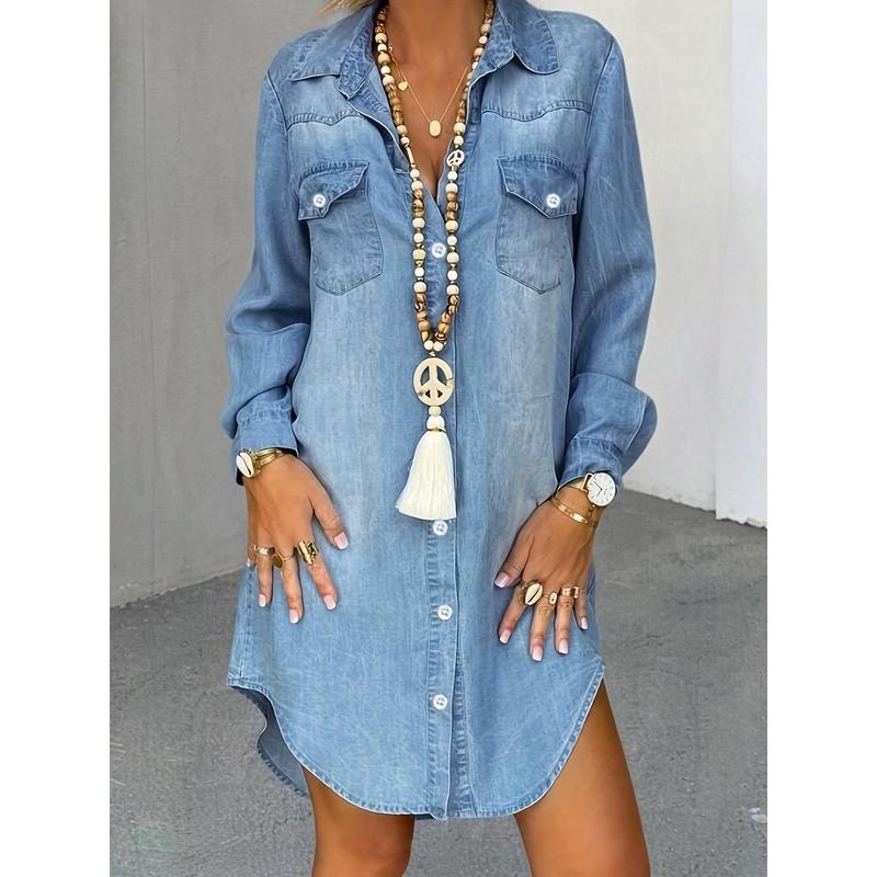 TikTok Shop Women s plus Size Denim Dress Single Breasted Long Sleeve Lapel Cheongsam Pocket Washed Blue Denim Coat Dress Dress