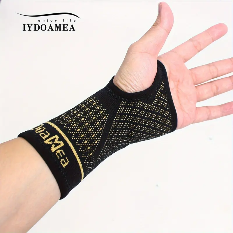 1 Pair Copper Infused Wrist Compression Sleeves - Upgraded Support, Breathable & Durable Fabric, Ergonomic Design for Sports, Gym, Workout - Black with Golden Accents, Unisex for Men & Women, Wrist Straps for Weightlifting 3