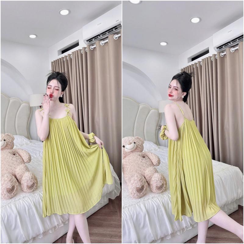 Product Introduction of Váy ngủ xếp ly bigsize 2dây đính nơ dễ thương bầu bí bon chen thoải mái chất chiffon có lót cầm nặng tay size 40-70kg 7