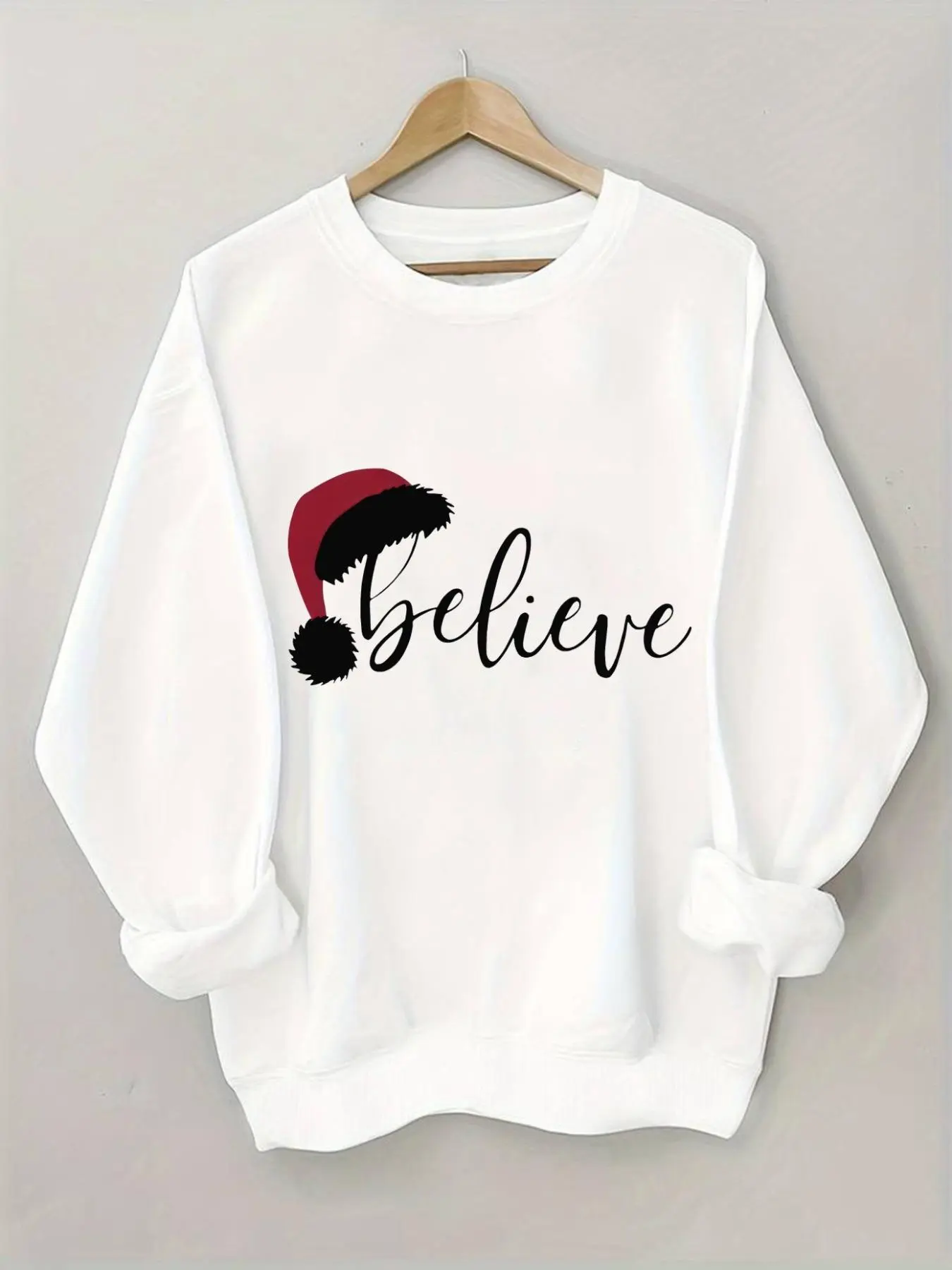 Women's Letter & Santa Hat Print Round Neck Sweatshirt, Casual Long Sleeve Crew Neck Pullover for Fall & Winter, Women's Clothes for Daily Wear
