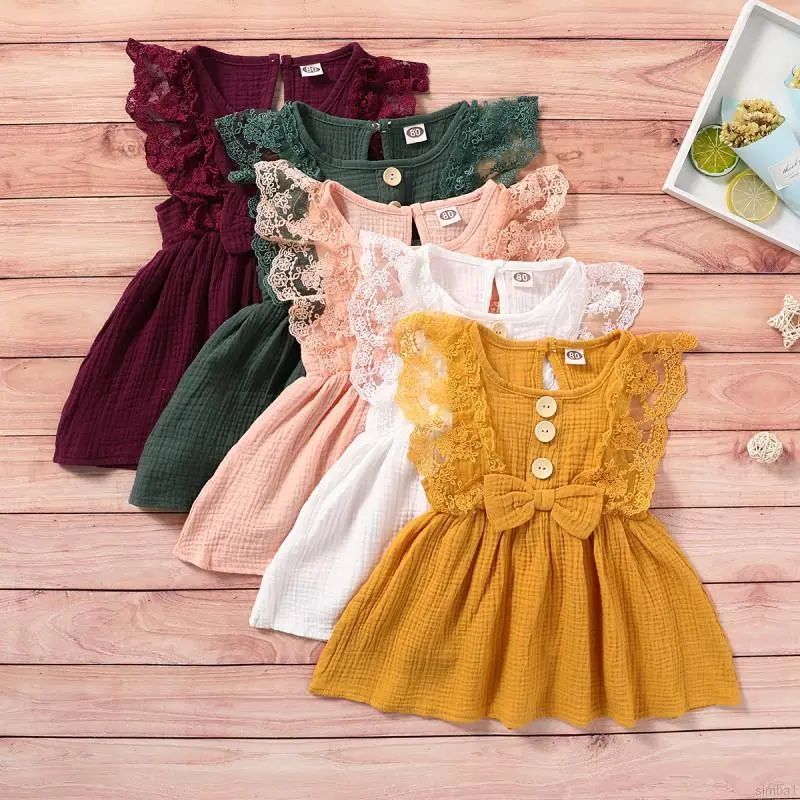 Baby Girls Summer Cotton Solid Sleeveless Lace Fly Sleeve Ruffle Button Cute Princess Style Dresses