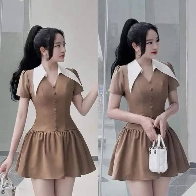 Đầm Nữ Bigsize Dự Tiệc Thiết Kế Sang Chảnh Đính Nút Bọc. Váy Phối Cổ Bẻ Kèm Quần Đùi ( Bigsize :45-90kg) Cotton 2