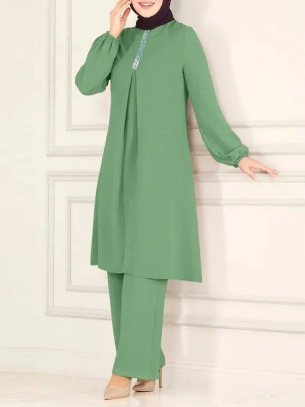 Women's Plain Contrast Sequin Bishop Sleeve Round Neck Top & Wide Leg Pants Islamic Set, Casual Long Sleeve Top & Trousers for Daily Wear, Ladies Islamic Clothing for All Seasons,abaya for women 4