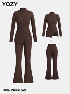 YOZY Women's Solid Fake Buttons Mock Neck Tee & Elastic Waist Flare Leg Pants Ribbed Set, Casual Asymmetrical Hem Long Sleeve Top & Bell Bottom Trousers, Women's Clothing for Fall & Winter