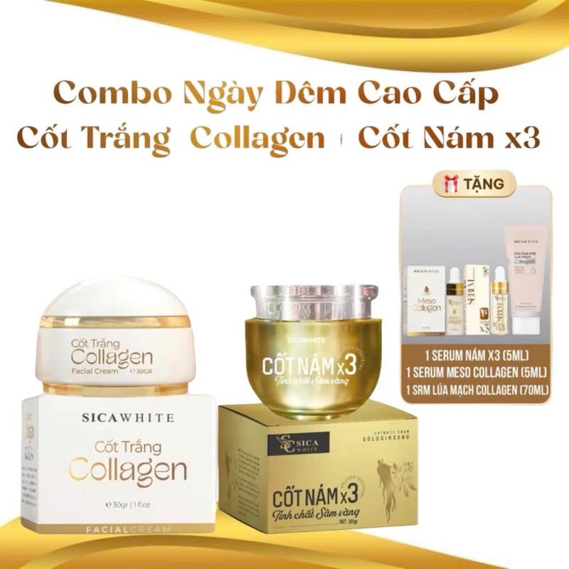 Combo 1 cốt trắng collagen , 1 cốt nám x3 tặng 1 sữa rửa mặt lúa mạch 70ml, 1 serum meso 5ml, 1 serum cốt nám 5ml. Hỗ trợ dưỡng trắng, hỗ trợ mờ thâm nám. Skincare