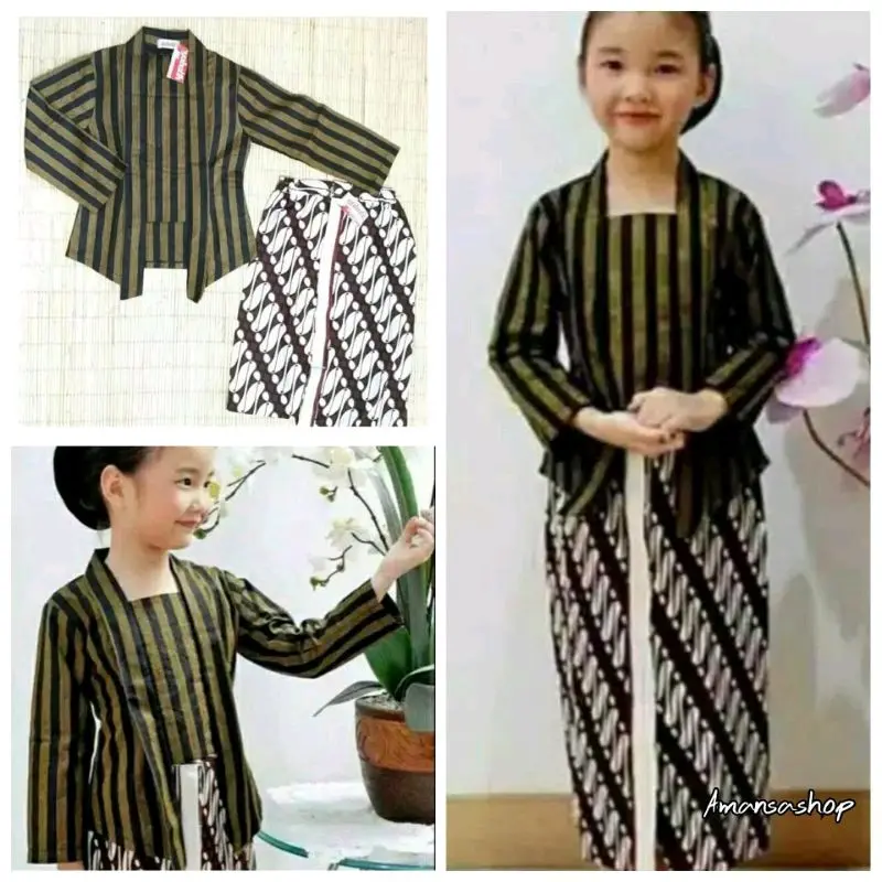 Setelan Kebaya Lurik Anak Perempuan Baju Adat Jawa Bahan Tenun dan Katun Fashion Lengan panjang 1